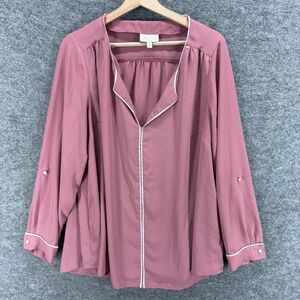 MadCloth Blouse Women 1X Plus Pink V-Neck Long Sleeve Pullover Casual Solid